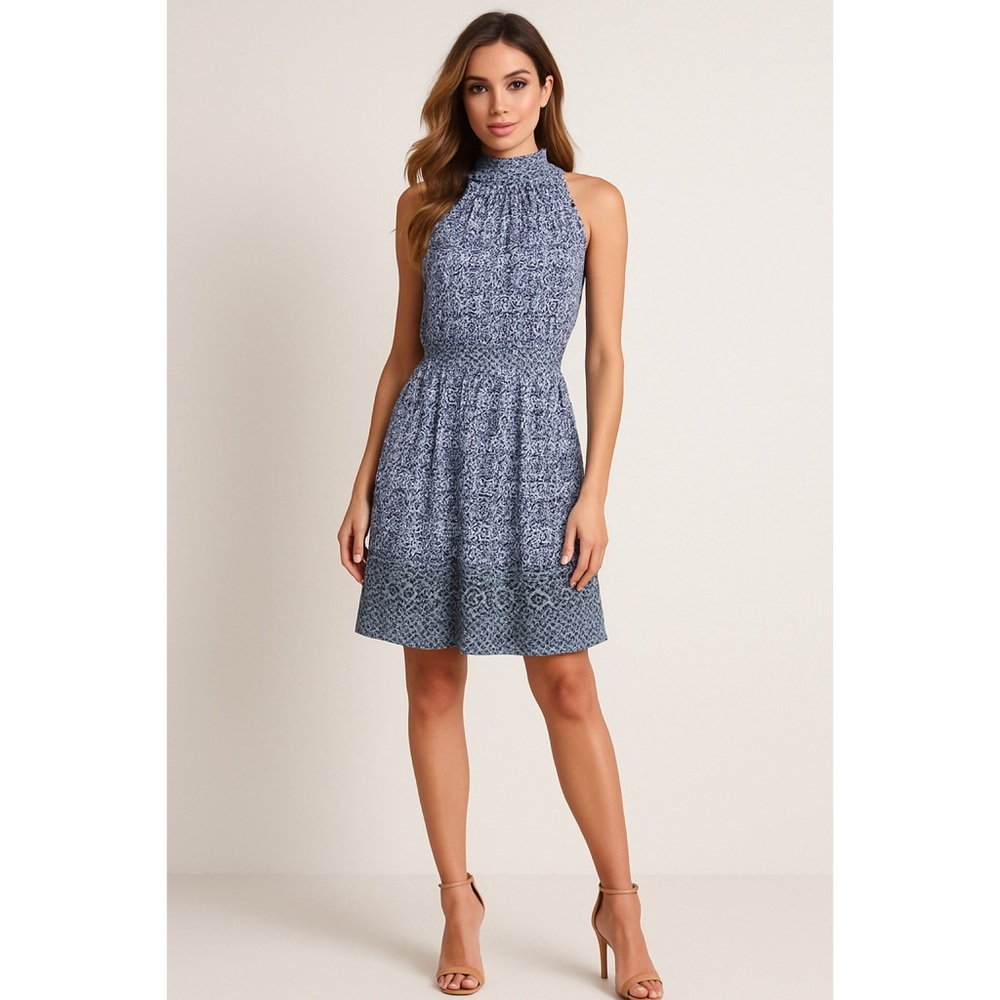 💎 ⭐️ 122. Shoshanna Blue White Silk Dress Size 10 Smocked Collar Elastic Waist - Picture 1 of 11